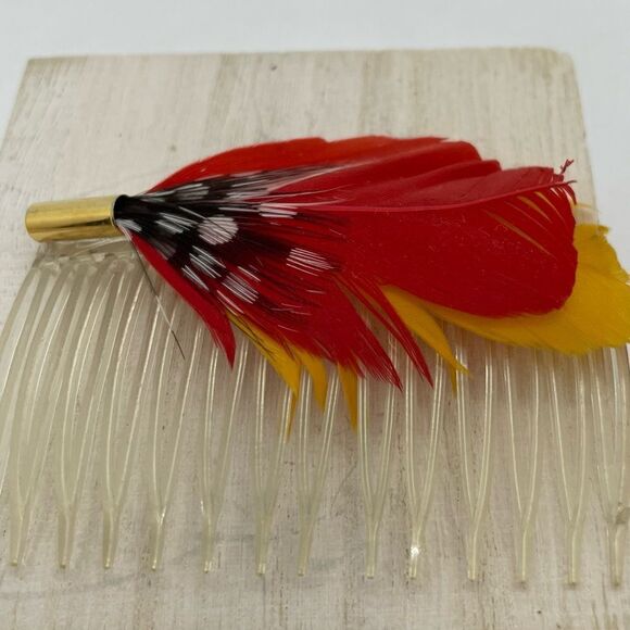 Vintage 1980s Feather Hair Comb Red Yellow Black White Polka Dot main image 12